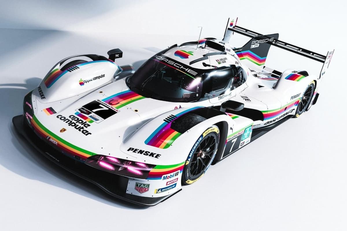 Porsche Penske Motorsport running throwback Apple Computer livery at Laguna Seca