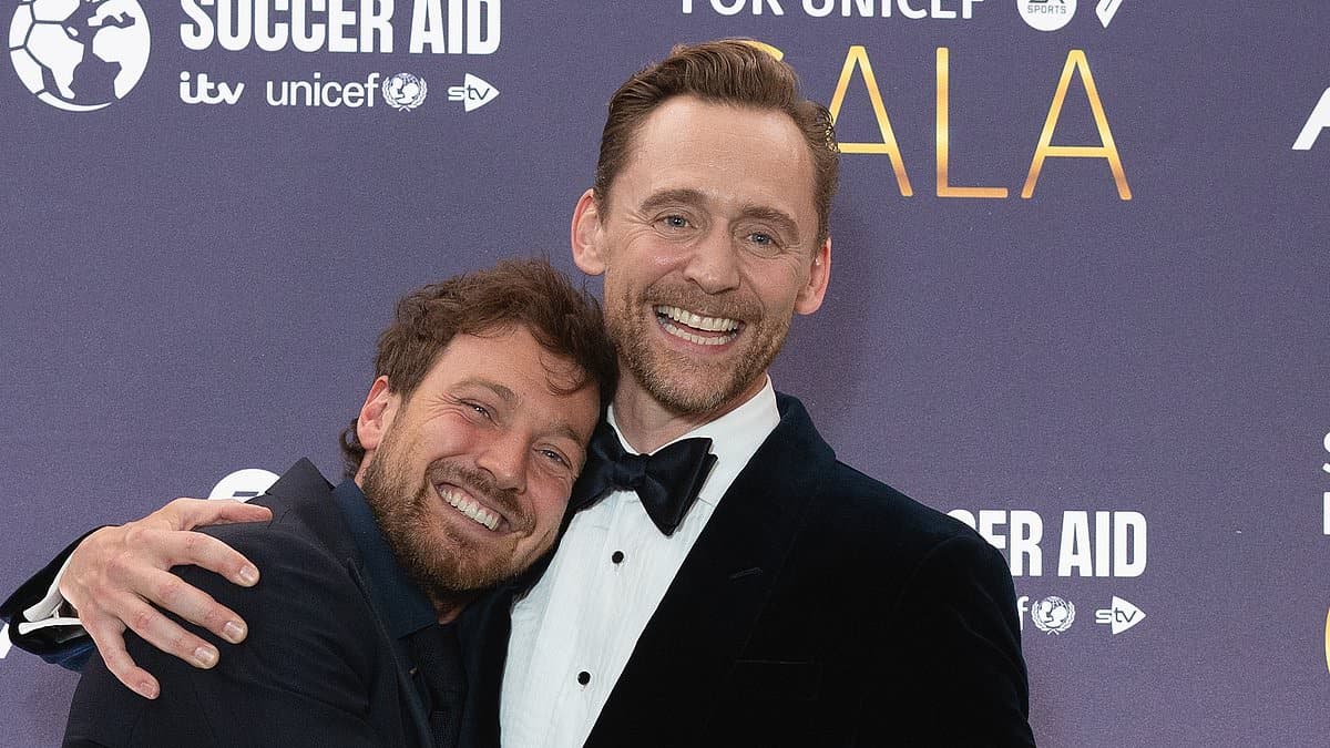 Sam Thompson and Tom Hiddleston show off their unlikely bromance as they attend star-studded Soccer Aid for UNICEF gala