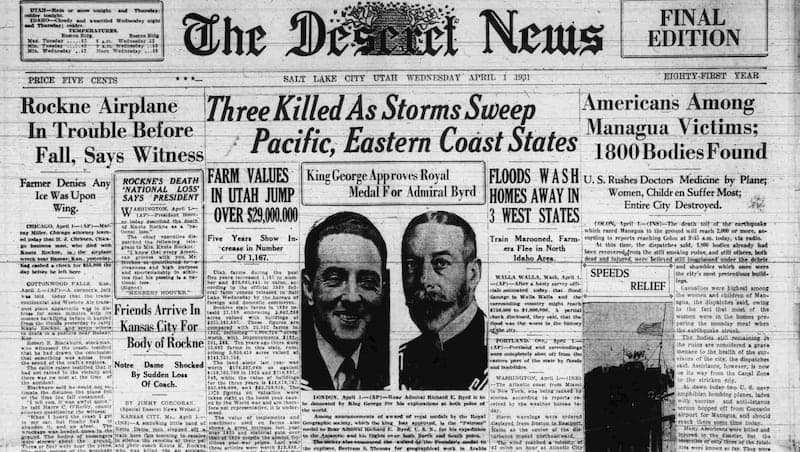 Deseret News archives: Legendary coach Knute Rockne felled by airplane crash in 1931