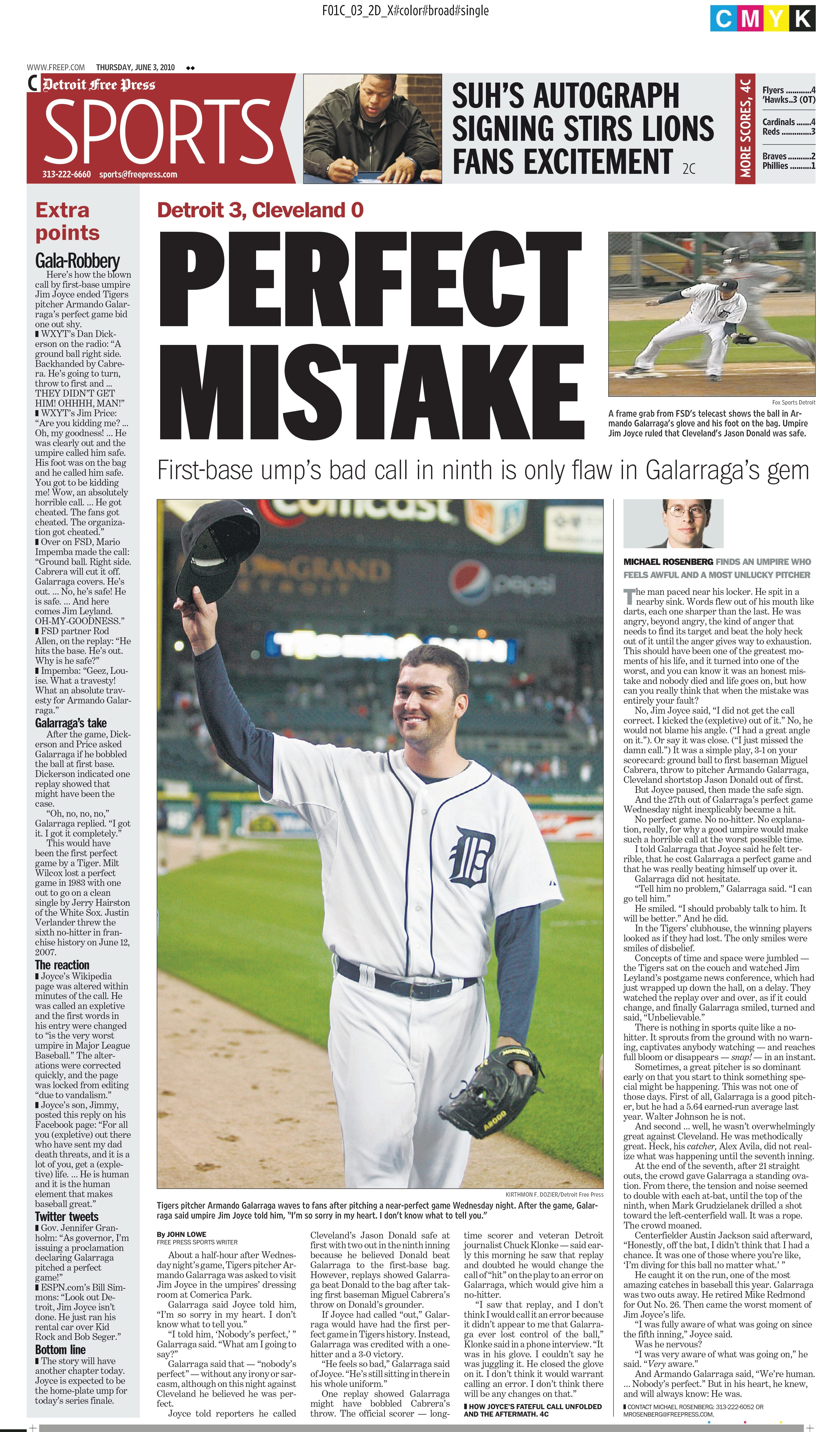 After 2010 blown call, Tigers' Galarraga could still have perfect game | Letter