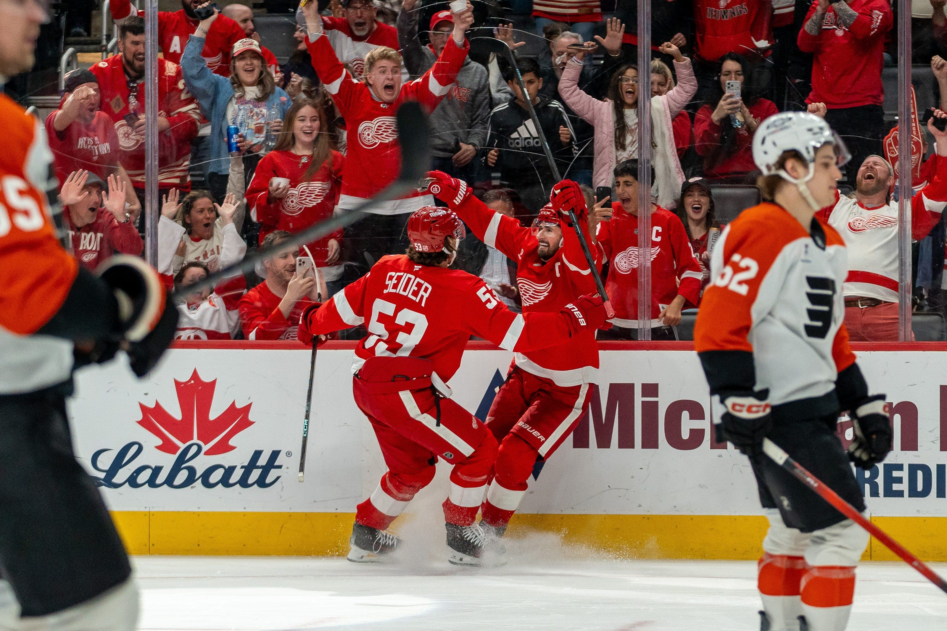 Red Wings finally deliver as Dylan Larkin has hat trick vs Flyers