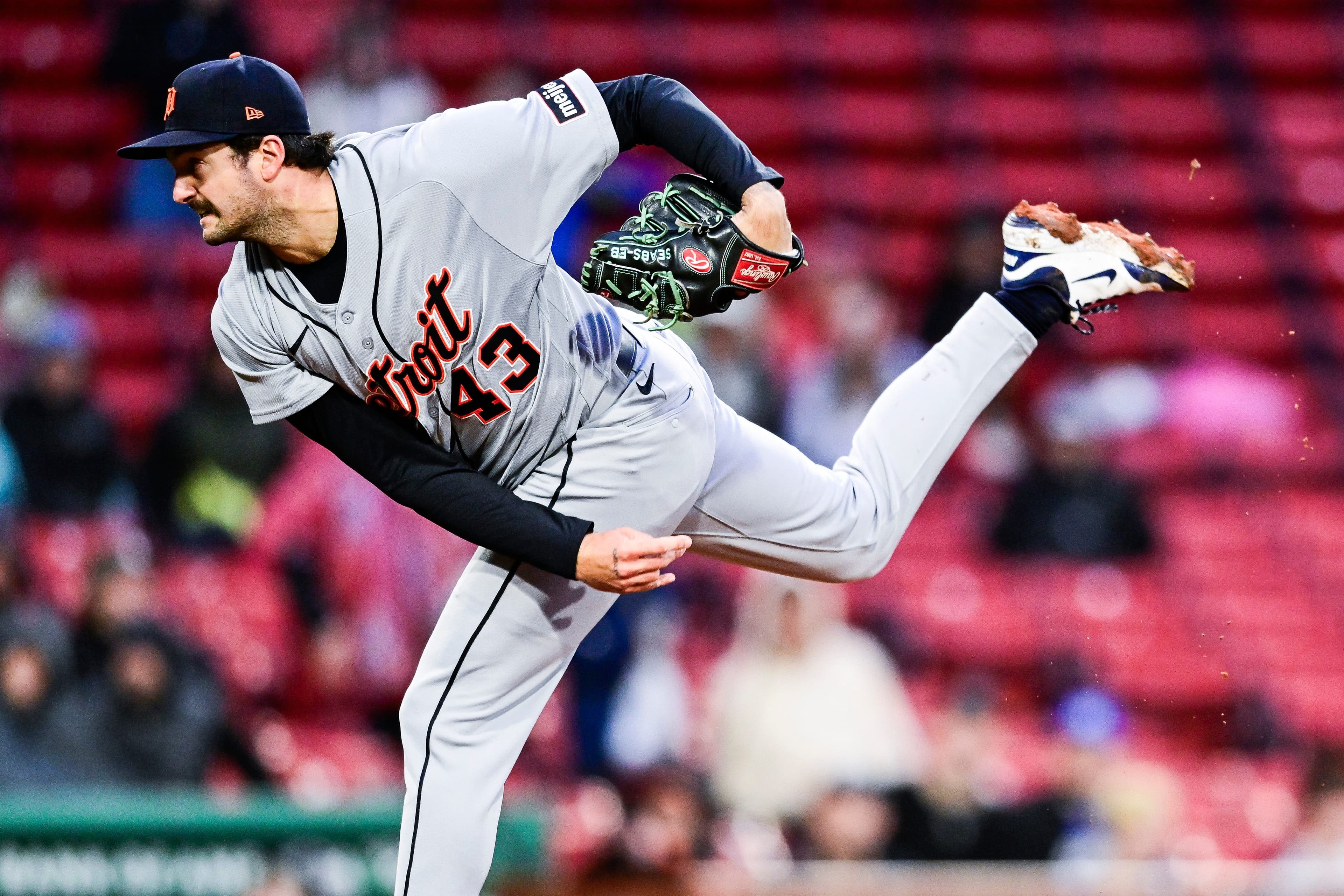 Detroit Tigers reliever Connor Seabold leaves after slipping on pitch