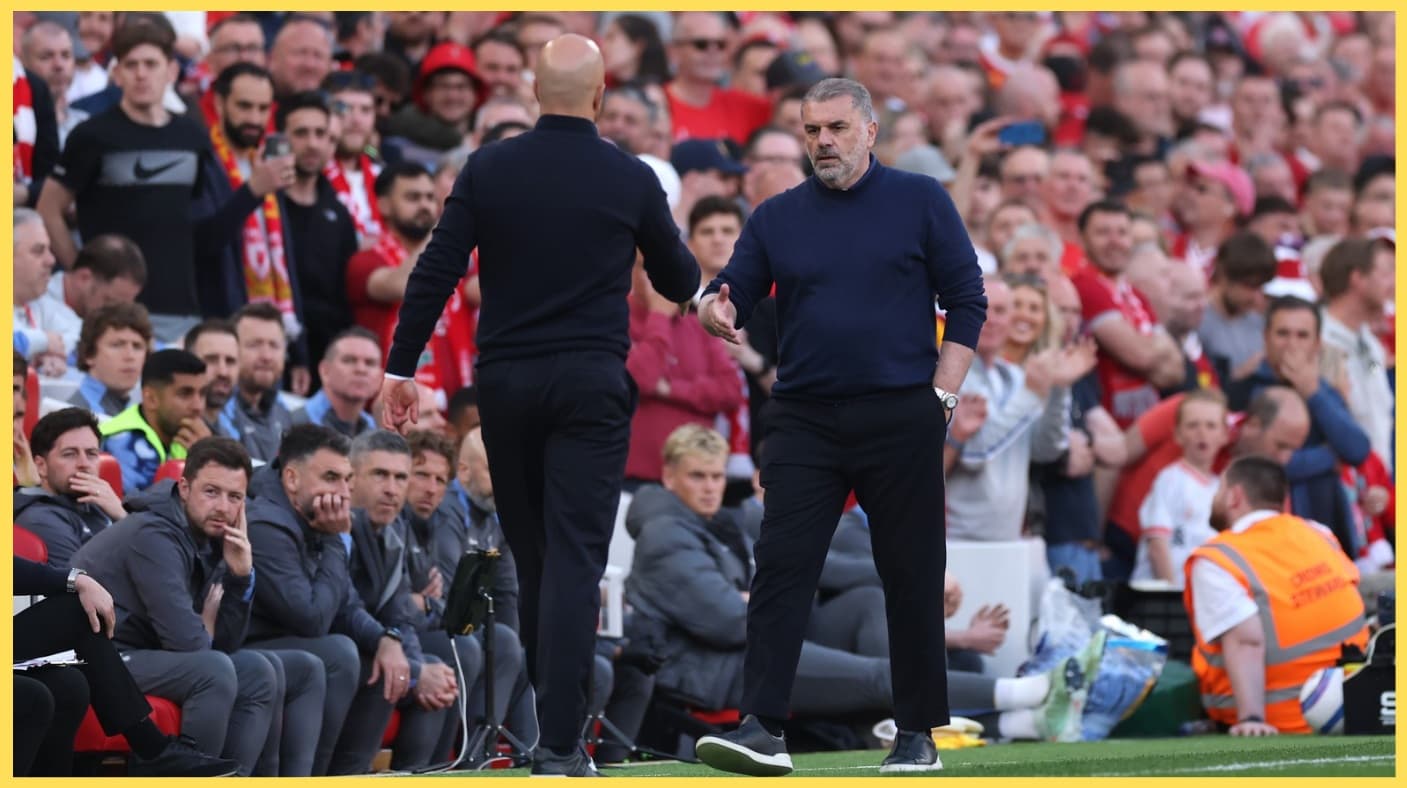 Ange Postecoglou was at recent Liverpool home match amid calls for Arne Slot to be dismissed