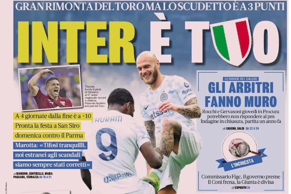 Today’s Papers – Inter close to the Scudetto, disappointing Milan vs. Juventus