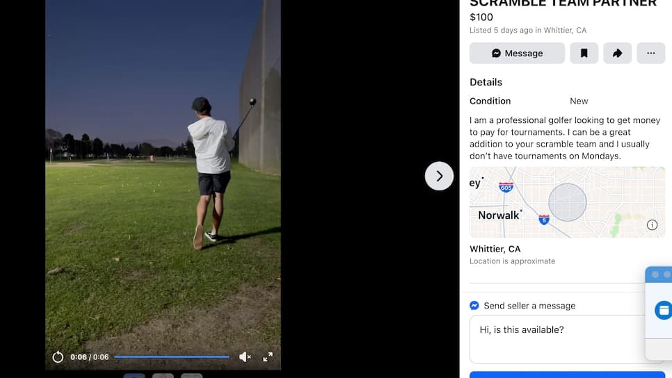 Pro golfer offers his services as 'scramble team partner' on Facebook Marketplace