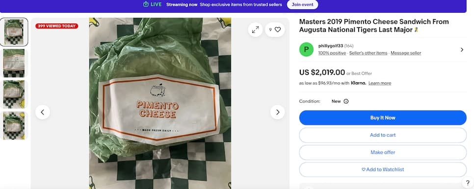 Masters 2026: You won't believe how much this pimento cheese sandwich from 2019 is selling for