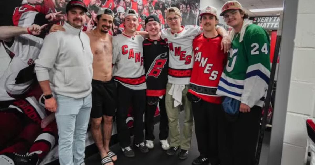 Seth Jarvis' buddies fire up the crowd in Carolina prior to Game 2