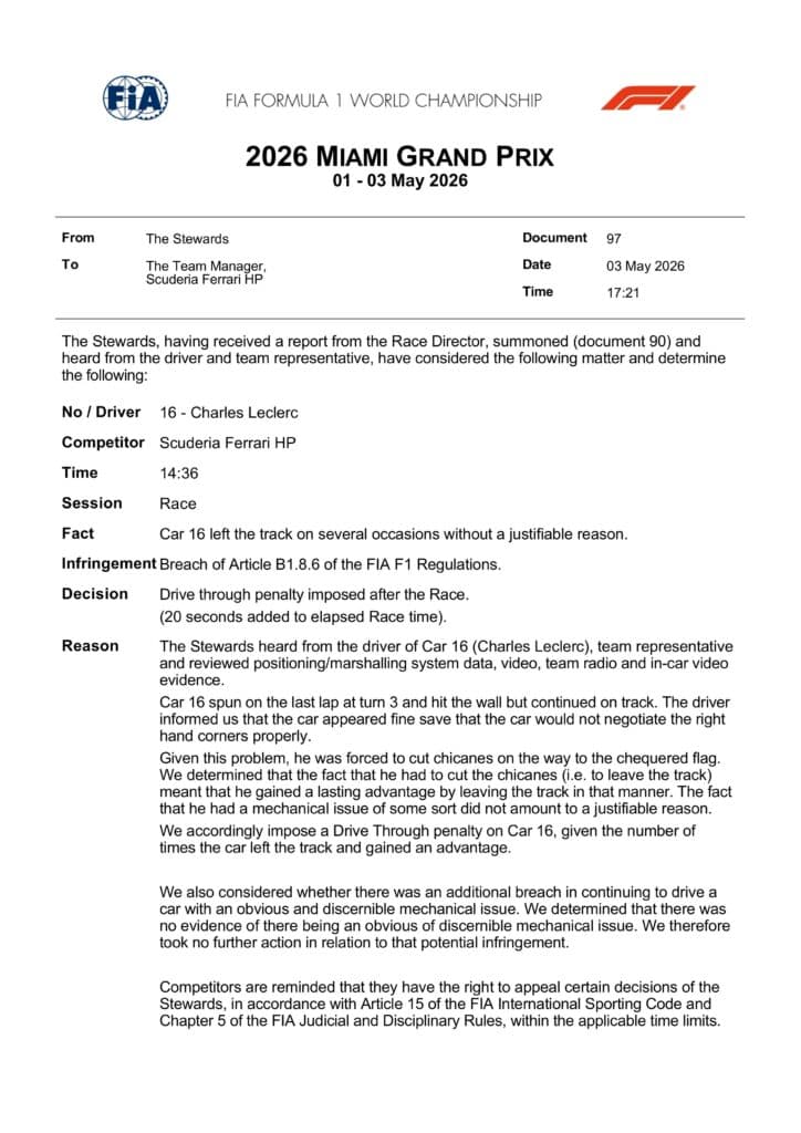 Charles Leclerc Hit With Huge Penalty After Miami GP Stewards Rule Against Ferrari Driver