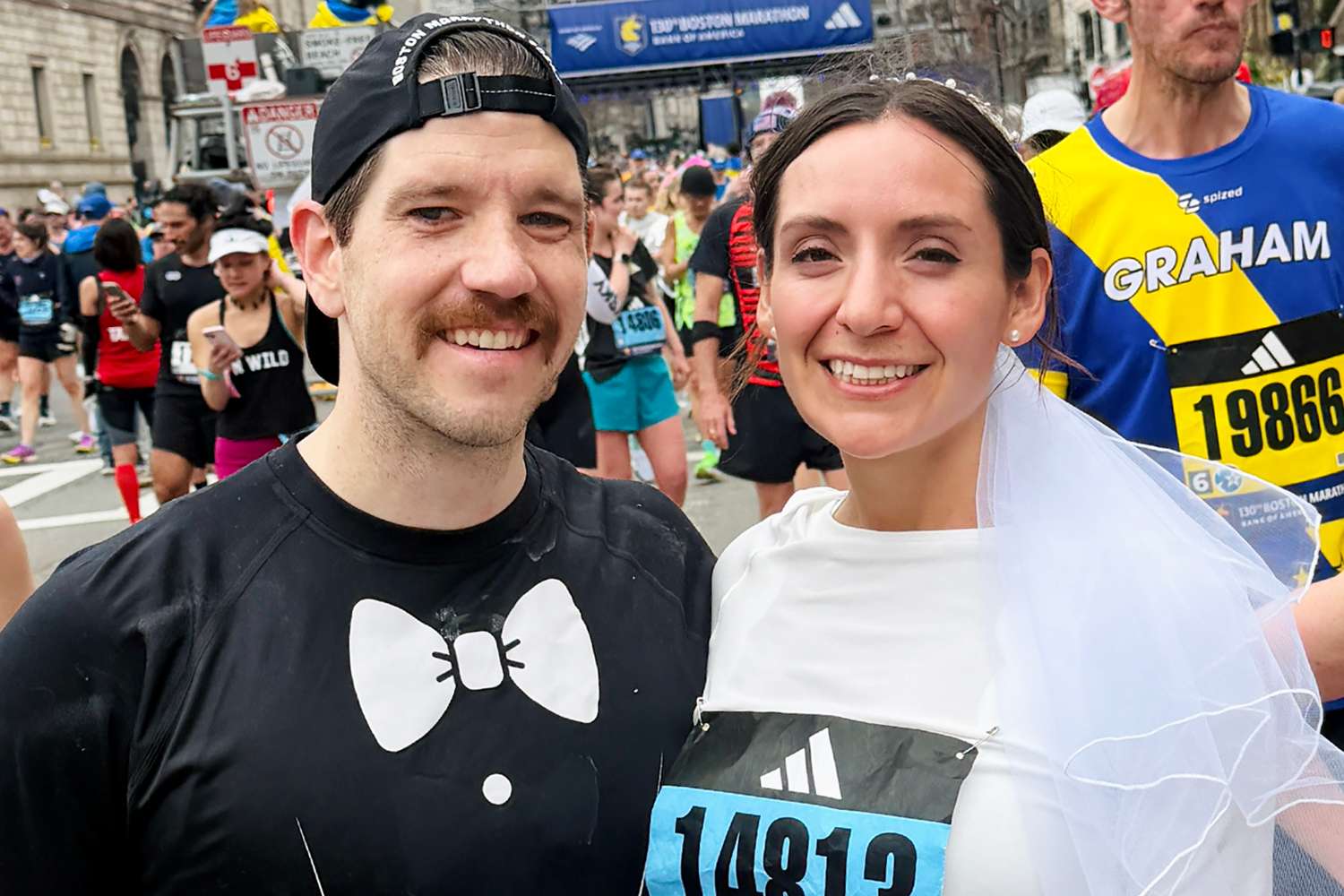 Newlywed Couple Run Boston Marathon Together in Bride and Groom-Inspired Attire