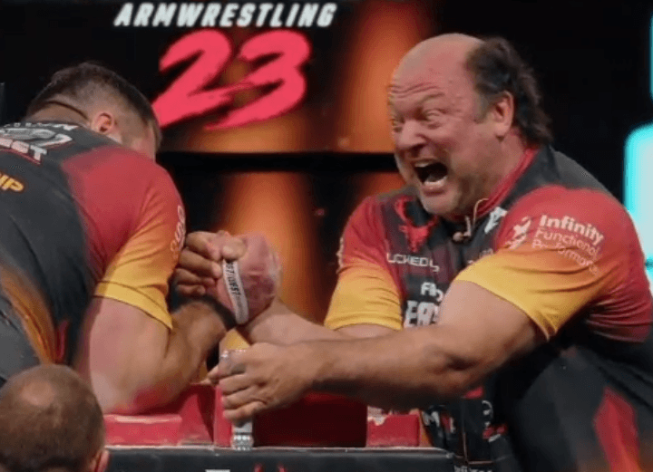 Oh Canada! Watch Devon Larratt, 50, crush Vitaly Laletin in ‘East vs. West 23’ arm wrestling rematch | Highlights