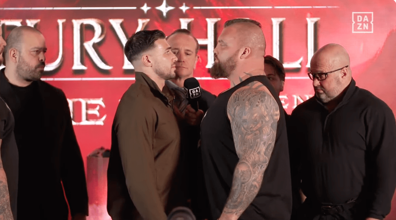 Face off! Tommy Fury stares down monstrous Eddie Hall at Misfits Boxing press conference (Video)
