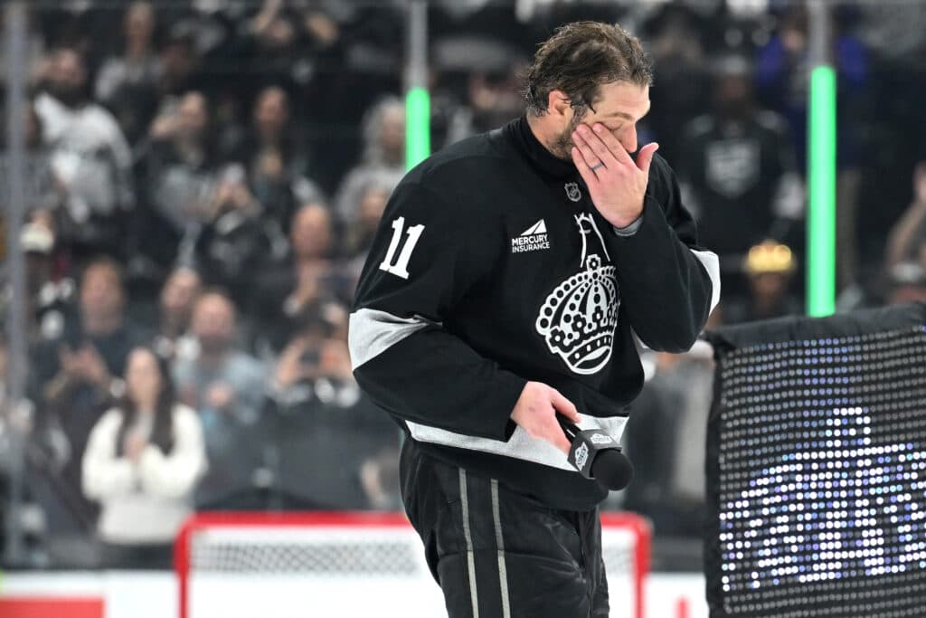 Anze Kopitar’s voice shakes during a tearful mid-ice speech to LA crowd