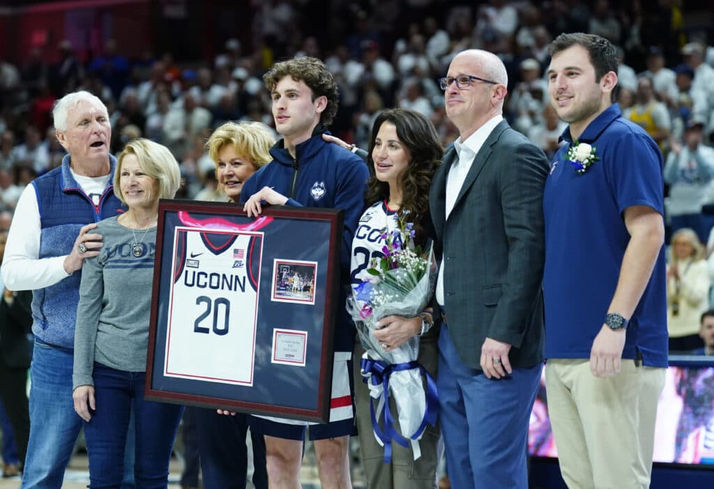 Dan Hurley’s wife Andrea jokingly takes credit for UConn Final Four win after ‘holy bead’ heroics
