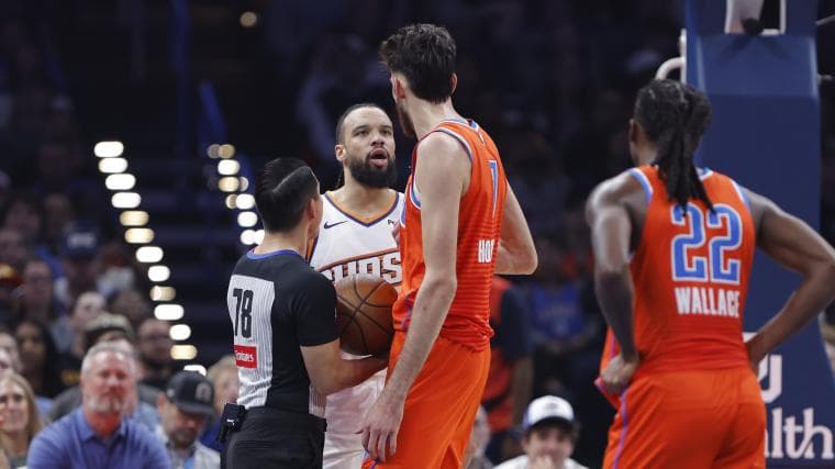Chet Holmgren shades Dillon Brooks before Suns-Thunder NBA Playoffs Game 2