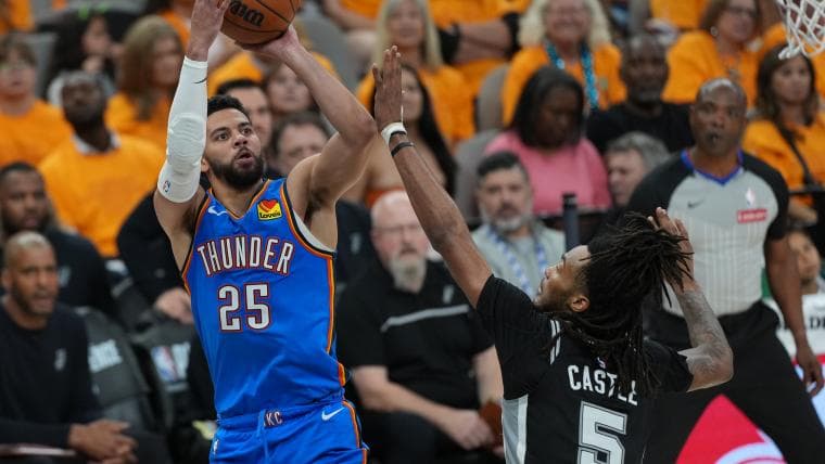 Stephon Castle-Ajay Mitchell dustup: Spurs security restrains San Antonio guard after hard foul in WCF Game 3
